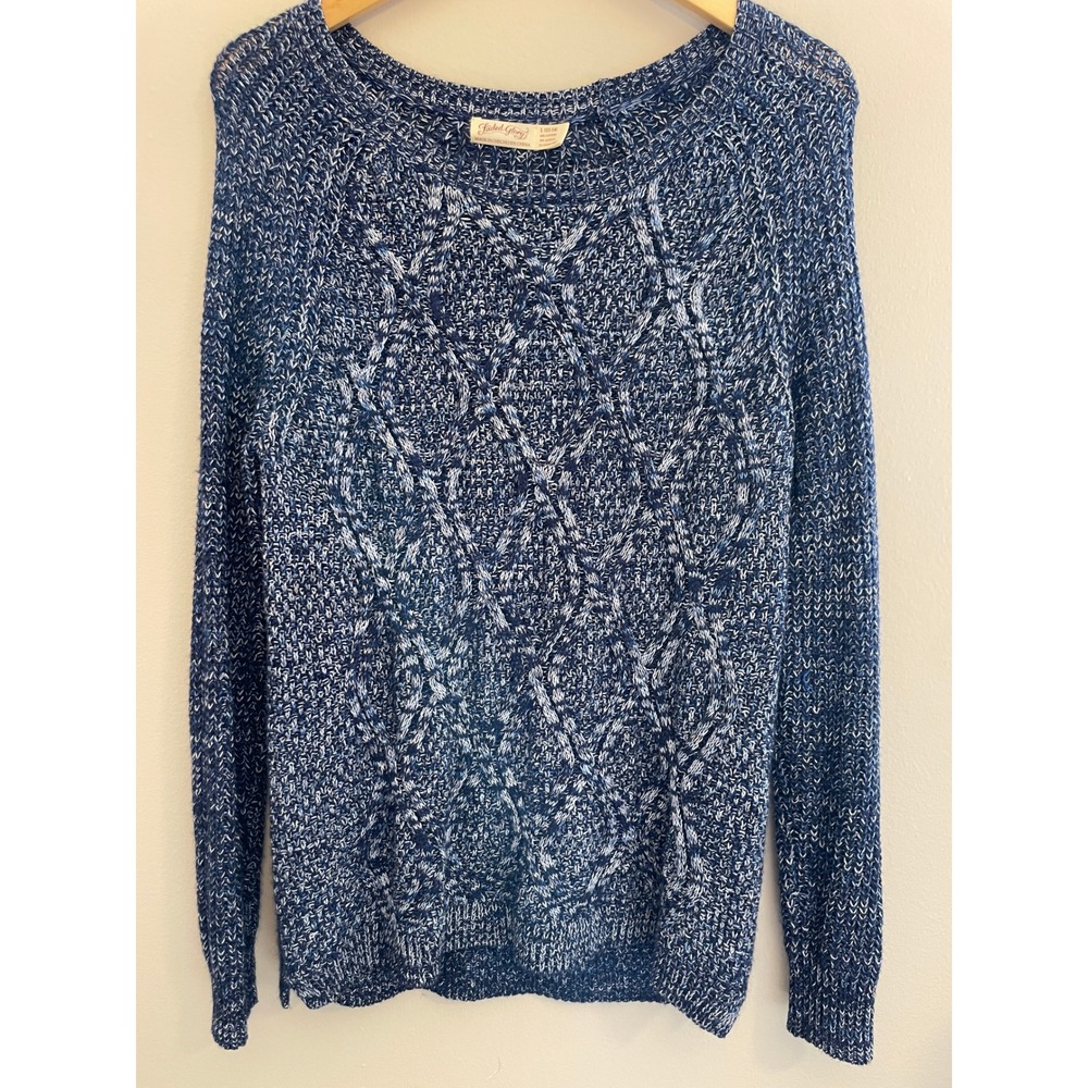 Faded Glory Womens Blue Marled Cable Knit Sweater Large 12-14 Crew Neck Pullover